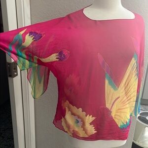 Pink and Yellow 100% Silk Short Sleeve Blouse